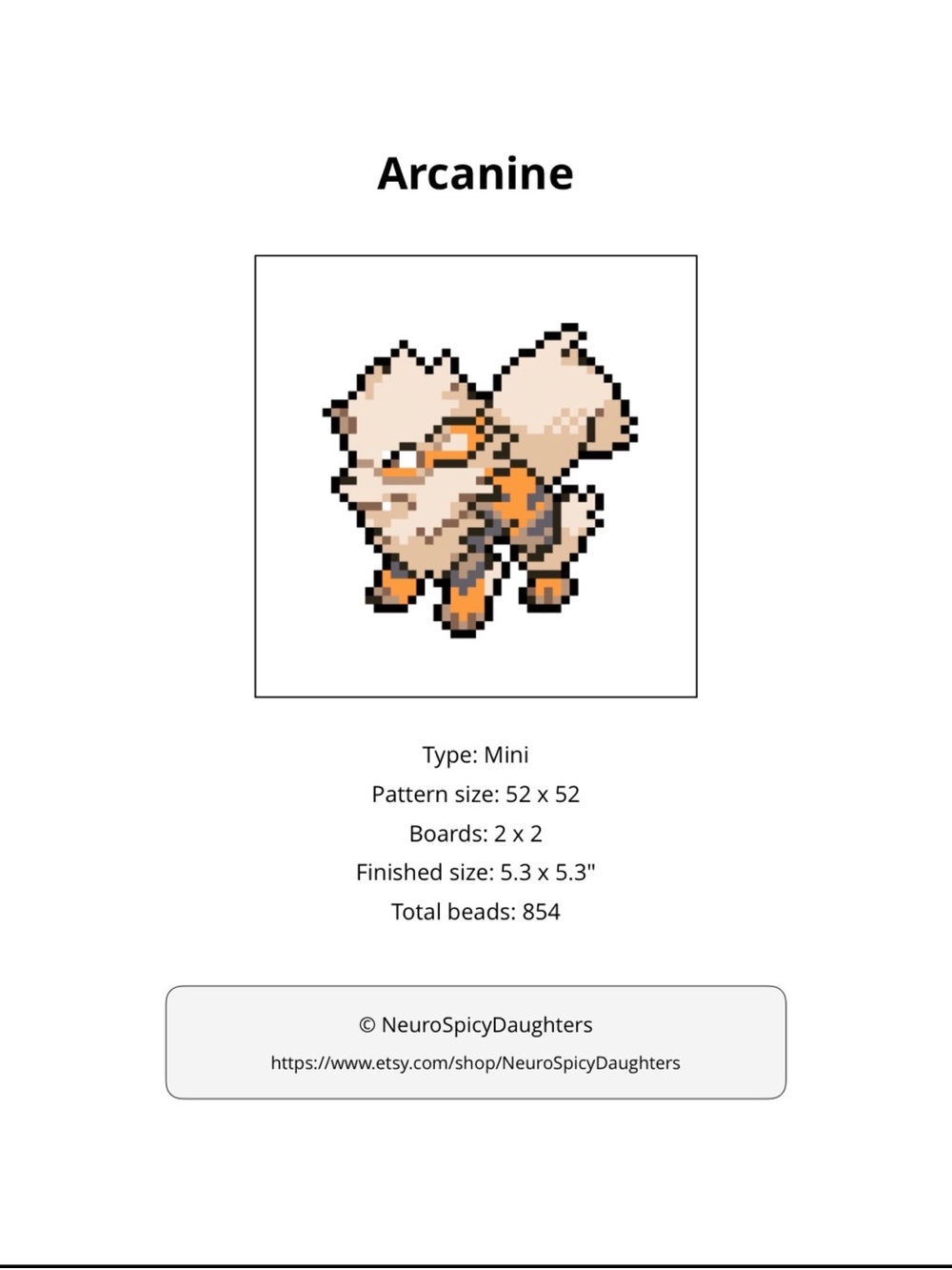 PHYSICAL COPY Pokemon Arcanine Pixel Art Bead Sprite - Cream, Orange, Black
